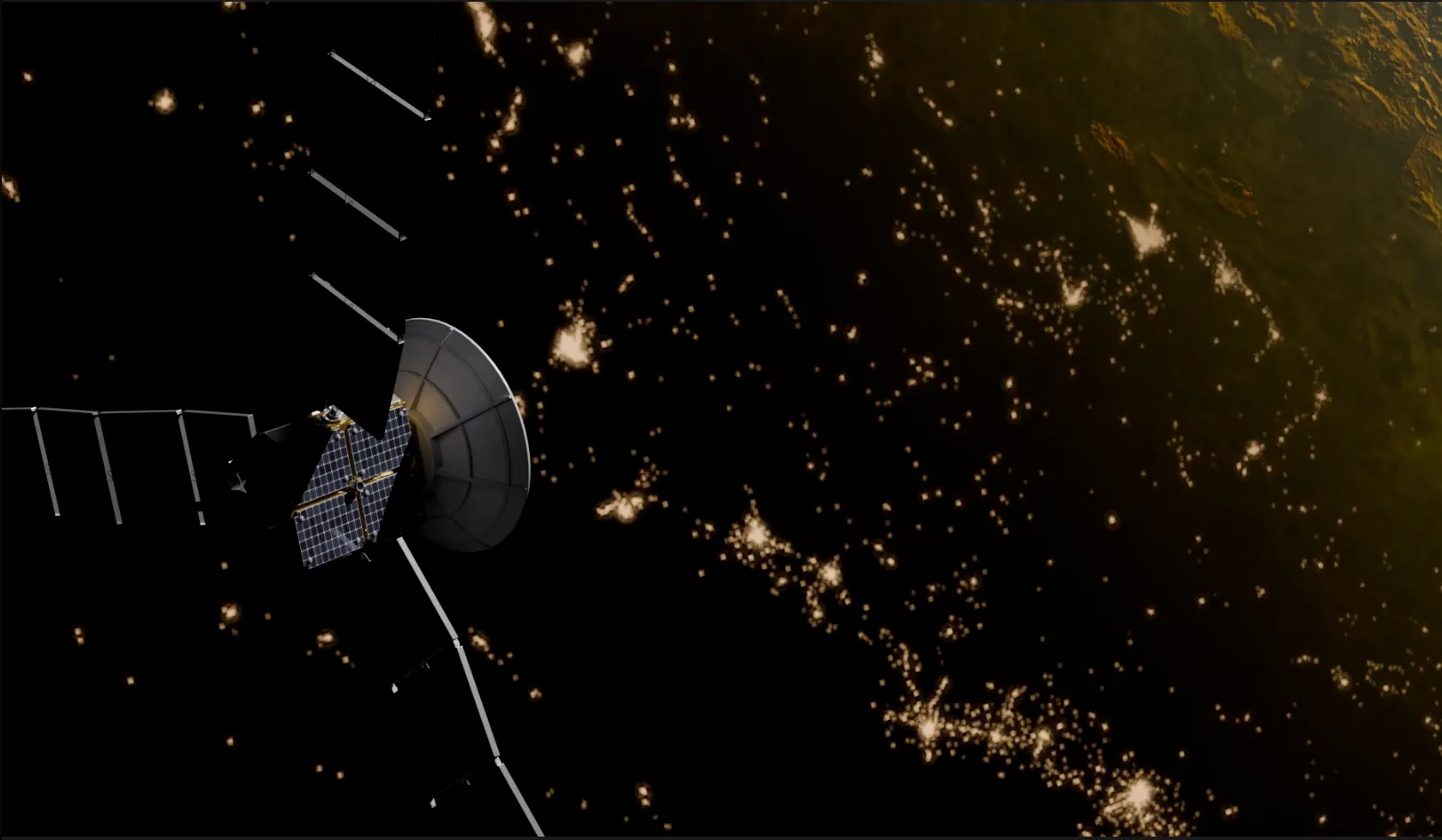 3D satellite orbiting above the illuminated Earth at night
